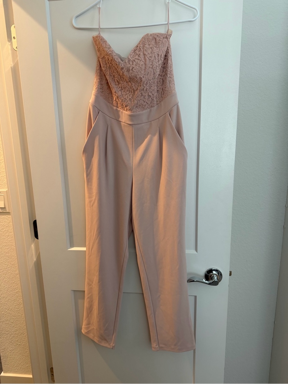Express Lace Bustier Strapless Jumpsuit in Blush Pink